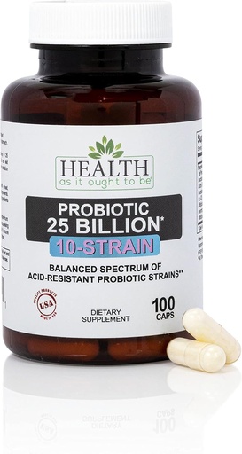 [BRSWGGQEAEGQKDLU] Health As It Ought To Be Probiotic (10 Strain) 25 Billion CFUs Supplement | Physician Formulated Balanced Spectrum of Acid|Resistant Probiotic Strains | 100 Veggie Caps
