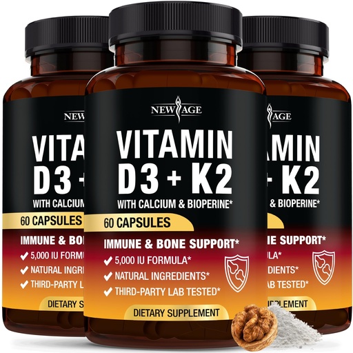 [BRSREHDYOEBBGYDL] NEW AGE Vitamin D3 5,000 IU + K2 MK-7 100 mcg - 2-in-1 Bone, Immune & Heart Support, Easy to Swallow, Non-GMO - 180 Capsules