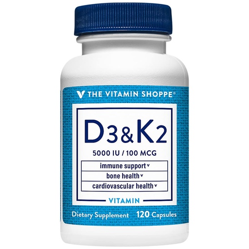 [BRSROZQLOUHWOF3A] The Vitamin Shoppe Vitamin D3 K2 5000 IU - Bone Density & Heart Health | D3 + K2 MK-7 | 120 Capsules | Synergistic Formula