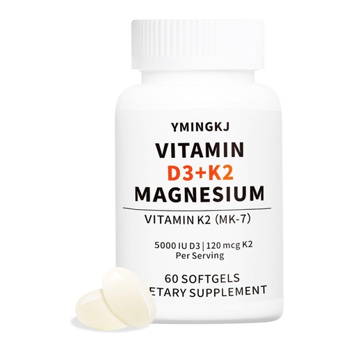 [BRSREHQDDN4BAYLV] Vitamin D3 K2 5000 IU 60 Softgels with Magnesium Supplement - & 120mcg MK-7 K2 for Bone Health & Immune Support - Non-GMO & Gluten-Free Softgels with MCT Oil
