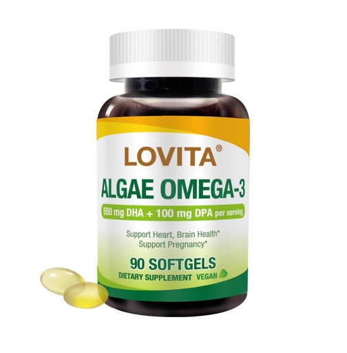 [BRSRAAICCICQ4H3O] LOVITA Algae Omega-3, Vegan and Plant-Based DHA & DPA, Fish Oil Alternative, 1000mg Algae Oil, Support Heart and Brain Health, Carrageen-Free, 90 Softgels