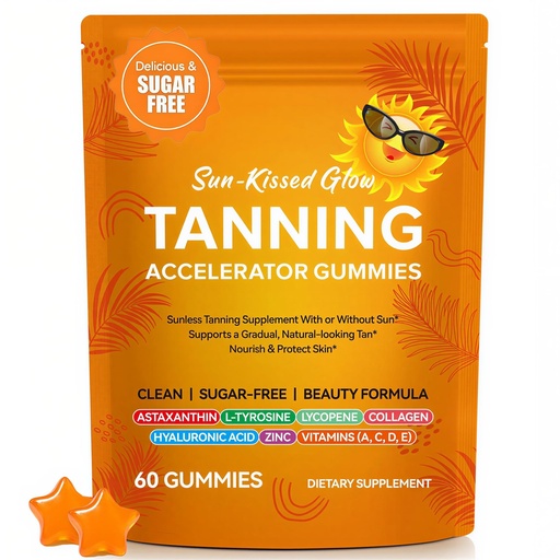 [BRSRGCT4DEDRQFY3] Tanning Gummies with Astaxanthin - Tanning Gummies for Women & Men - Sunless Tanning Supplement with L-Tyrosine, Lycopene, Collagen & Vitamins Vegan, Sugar-Free - 60 Count