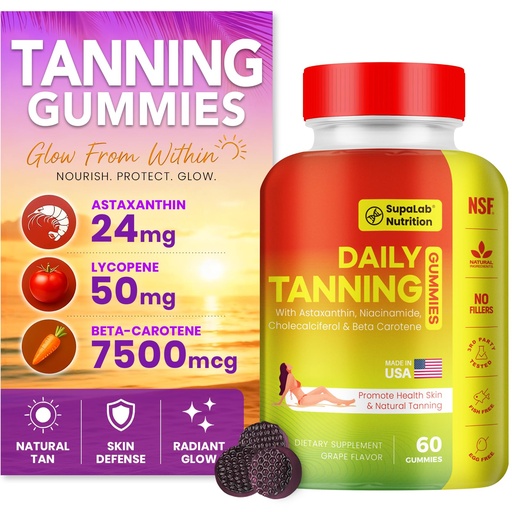[BRSREHT3OJYA23IU] Tanning Gummies for Women Men - Sunless Glow Tanning Supplement with Astaxanthin, Beta Carotene, Lycopene, Zinc & Vitamins C D E, Sunless Tan Booster, Skin Hydration & Glow (Purple)