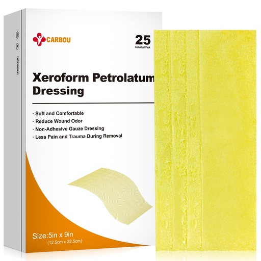 [BRSRMBQQB55BSAI7] Carbou Medical Xeroform Petrolatum Dressing 5"x9", 25 Individual Pack, Non-Adherent Gauze Pads, Soft Fine Mesh Gauze Patch for Wound Care, Burns, Lacerations, Skin Grafts & Surgical Incisions