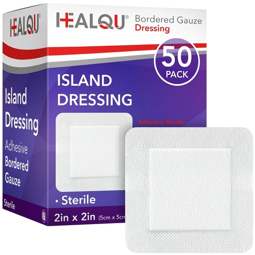 [BRSWYYYPBEHWMFLV] HEALQU Bordered Gauze Island Dressing - 50 Count, 2" x 2" Sterile Individually Wrapped Gauze Pads with Water-Resistant, Non-Woven Backing - Soft and Breathable Wound Dressing for First Aid and Medical