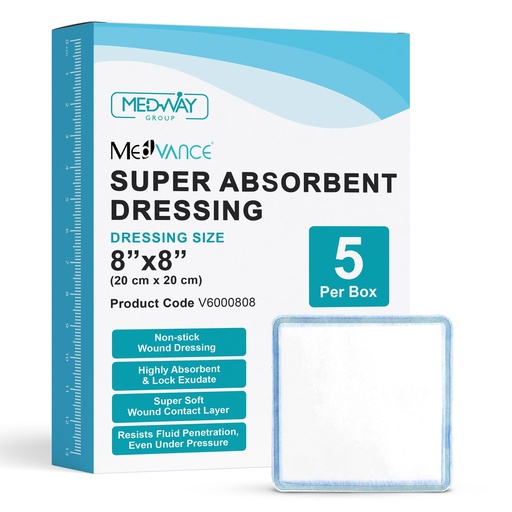 [BRSROAYNAF7RQDTV] MedVance Super Absorbent Dressing, Dressing Pads for Wound Care, for Pressure Ulcers and 1st/2nd Degree Burns, Superior Moisture Absorbency Bandages, Box of 5 dressings (8"x8")