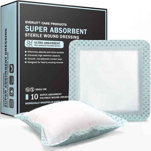 [BRSRMCQ2A4PBM33P] EVERLIT Super Absorbent Dressing for Wound Care | Nonstick Soft Surgical Gauze Pad for Heavily Exuding Wounds | Large Sterile Non-Adhesive Bandage for Fast Healing Wound Care | Pack of 10 (4" x 4")