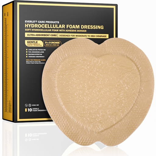 [BRSRACQPOYHR4HLA] EVERLIT Sacrum Silicone Foam Dressing | Highly-Absorbent Waterproof Sacral Bandage Pad for Bed Sore Pressure Ulcer Wound Care | Sterile Adhesive Dressing for Chronic Wounds (9" x 9" | 10 Pack)