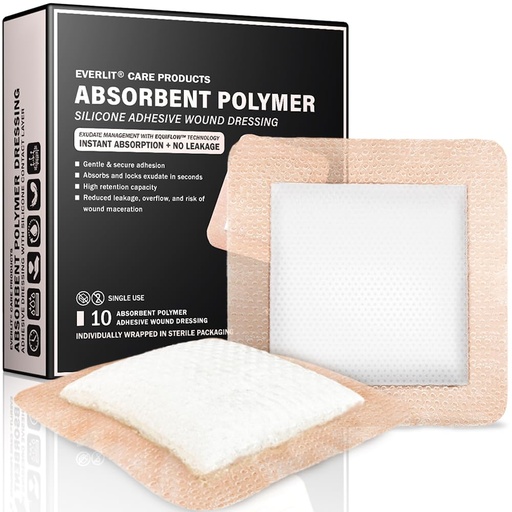 [BRSRA2YKBYMQYFI2] EVERLIT Super Absorbent Polymer Wound Dressing | Silicone Self-Adhesive Bandages with Ultrasorb Matrix for High Retention | 4" x 4" Sterile Adhesive Dressings Pack of 10