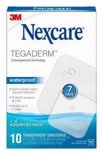 [BRSWIGL3AUBRY23M] Nexcare Tegaderm Transparent Dressing, Clear Film Lets You See Wounds Heal, Waterproof Dressing Holds Fast for 7 Days - 10 Dressings