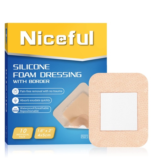 [BRSW2AL2OR4BA23U] Niceful 10 Count Silicone Foam Dressing 1.6" x 2", Wound Dressing for Minor Surgical Incisions, Abrasions, Absorbent Silicone Bandages for Sensitive Skin, Small Bed Sore Bandages