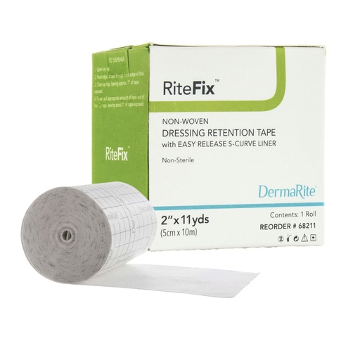 [BRSWGFICPMMBYC34] DermaRite's RiteFix Non-Woven Dressing Retention Tape - Hypoallergenic Adhesive, Easy Release S-Curve Liner - 2 in. x 11 yds., 1 Roll