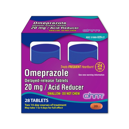 [BRSRMHADCR7WGC3J] Ohm Omeprazole Delayed-Release Tablets, 20mg Acid Reducer, Treats Frequent Heartburn (4 Weeks of Supply, 28, Count)