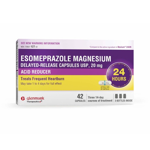 [BRSROHYQCV5WECI2] Glenmark Therapeutics Esomeprazole Magnesium USP 20mg, Delayed Release Capsules, Treats Frequent Heartburn, 42 Capsules