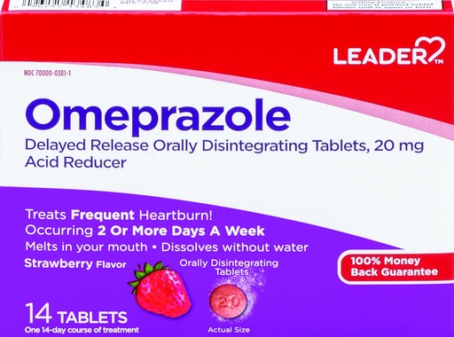 [BRSWYBI6BZ6Q2AD3] Leader Omeprazole Delayed Release Acid Reducer, Treats Frequent Heartburn, Upset Stomach, Acid Indigestion, Melts in Mouth, 20mg, Strawberry - 14 Tablets