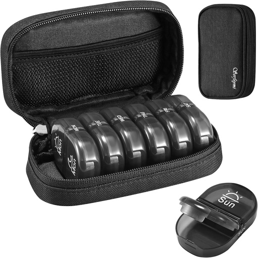 [BRSROCTYCIFRYC3L] Serfeymi Weekly Travel Pill Organizer 2 Times A Day AM PM Upgraded Black Pill Box 7 Day with Portable Zipper Canvas Pill Case, Medicine Organizer for Pills, Vitamins, Supplements, Fish Oils - Black 01