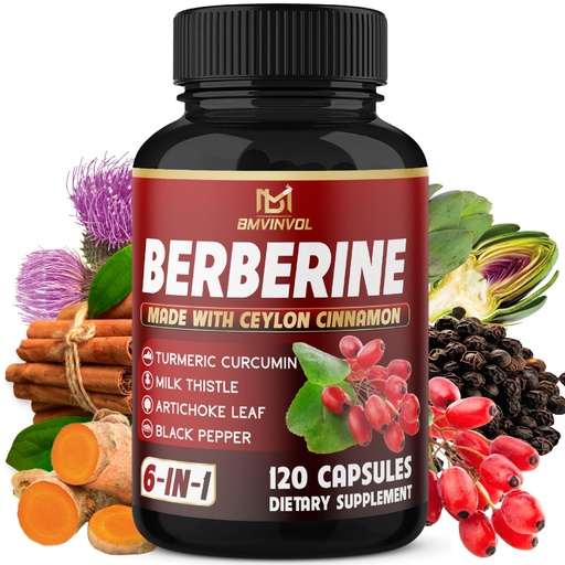 [BRSRACY7CMNA42DV] Berberine, Ceylon Cinnamon, Turmeric, Milk Thistle, Artichoke, Black Pepper - 120 Capsules for Digestion, Immunity [4-Month Supply]
