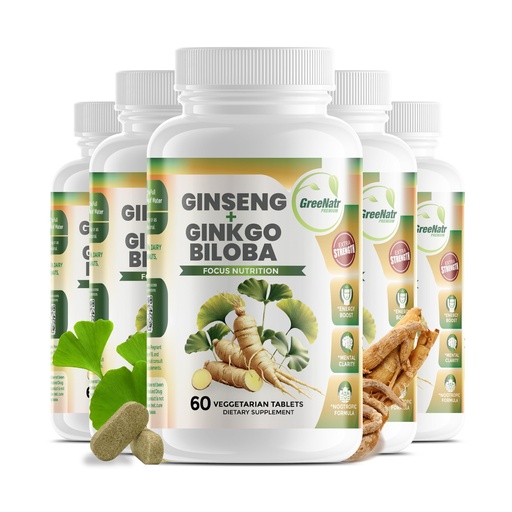 [BRSWECQNCR7QOYDH] GreeNatr Ginko Biloba & Panax Ginseng Supplement - Red Ginseng for Memory and Focus - Ginkgo Biloba for Good Vision, Immune System and Improved Blood Flow (360 Tablets: 6 Bottles)