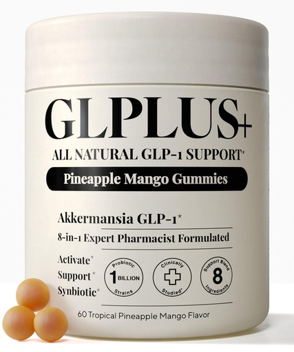 [BRSRECANC4HWKEQ2] 8-in-1 GLP-1 Supplement for Women and Men | Hunger & Metabolism Support Gummy with Akkermansia, Turmeric & Resveratrol, (Mango Pineapple Gummy)
