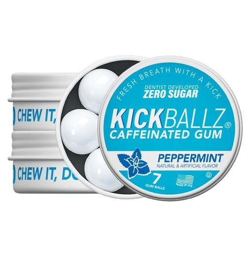 [BRSRAHAZOB5GA3DG] KickBallz Peppermint Caffeine Energy Gum | 110mg Fast-Absorbing Caffeine for Energy & Focus | Sugar-Free, Keto, Fresh Breath Support | Coffee Alternative Chew | 3 Pocket Tins, 21 Pieces Total