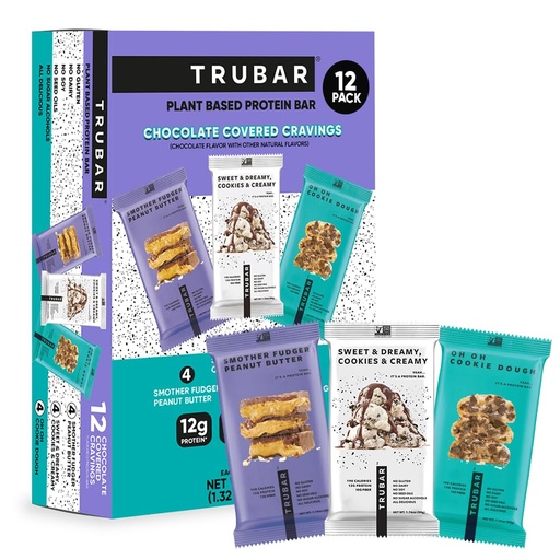 [BRSREBAOBZYQ4DTB] TRUBAR Vegan Protein Bars, Chocolate Covered Cravings Variety Pack, Peanut Butter, Cookies & Cream, & Cookie Dough, Gluten Free, Plant Based, High Fiber, Dairy Free, On the Go Healthy Snacks, 12 Count