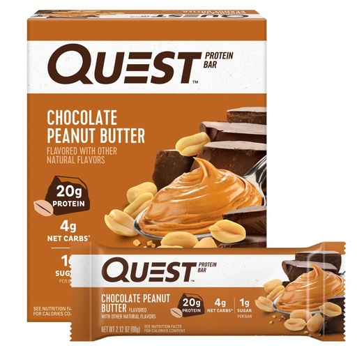 [BRSROGI5DMFQMADX] Quest Nutrition Chocolate Peanut Butter Protein Bars, 20g Protein, 1g Sugar, 5g Net Carb, Gluten Free, Keto Friendly, 4 Count