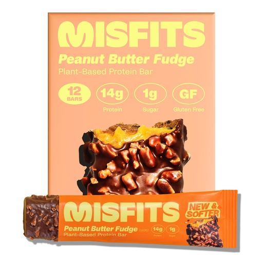 [BRSRE2QZOYNQO2A6] Misfits Vegan Protein Bars - Peanut Butter Fudge | Nutrition Bars - 14g Protein, 1g Sugar, Plant-based, Low Carb, Non-GMO, Gluten Free Snacks | Pack of 12