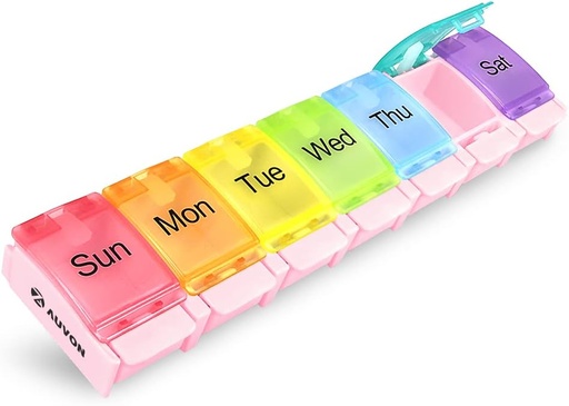 [BRSW2AT2OJ4BQALA] AUVON Weekly Pill Organizer Arthritis Friendly, BPA Free Travel 7 Day Pill Box Case avec Spring Open Design et grand compartiment pour tenir les vitamines, huile de foie de morue, suppléments et médicaments
