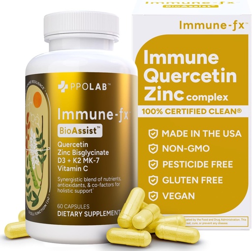 [BRSW2ZD3CJ7QY236] Immune-fx™ Advanced Chelated Zinc Ionophore Immune Support & Allergy Health Supplement, Quercetin 500mg, Antioxidant Vitamin C, D3, K2 MK7, Promotes DNA, Heart, Lung, Sinus Health, 60 Vegan Capsules