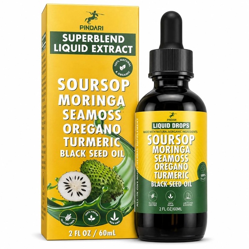 [BRSRGCDROIFAGC33] Pindari Super Blend Liquid Drops 2 Fluid Ounces | Herbal Supplement | Soursop | Moringa | Seamoss | Oregano | Turmeric | Black Seed Oil | Ashwagandha | Vitamins D and C