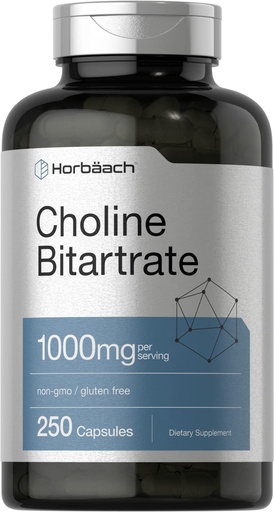 [BRSW2GTRA4MREYL4] Horbaach Choline Bitartrate Supplement | 1000mg | 250 Capsules | High Potency | Non-GMO, Gluten Free