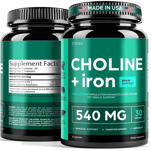 [BRSREYILOAPWECA6] Thinbi Choline Prenatal Supplement with Iron – Prenatal Vitamins for Women – Pregnancy Brain, Memory & Cognitive Support – Ferrous Fumarate, Vegan – 30 Servings