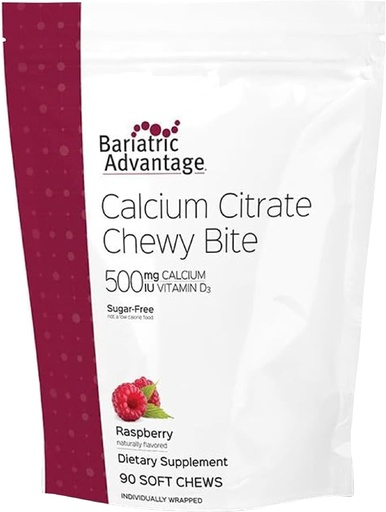 [BRSWGEA2CINAYFDP] Bariatric Advantage Calciu Citrate Chewy Bites 500 mg - Highly Absorbable & Digestible - Vitamina D3 - Supliment de calciu ușor de mestecat - Aroma de zmeură - 90 Count