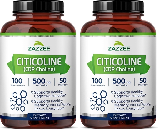 [BRSRGFI7DMJQKCTD] Zazzee Extra Strength Citicoline, 500 mg per Serving, 100 Vegan Capsules, Superior CDP Choline Form, 100% Vegetarian and Pharmaceutical Grade, 50-Day Supply, All-Natural and Non-GMO (Pack of 2)