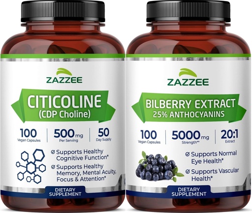 [BRSRGGLQOEAWY3LH] Zazzee Cognitive Brain Health & Vision Support Bundle | Extra Strength Bilberry 20:1 Extract & CDP Choline Capsules | Non-GMO Vegan & ISO Lab Tested