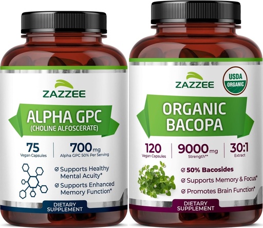 [BRSRGHTRPJ5WMEYV] Zazzee Herbal Mind & Memory Support Bundle | USDA Organic Bacopa 30:1 Extract Plus Alpha GPC Choline Capsules | Non-GMO Vegan & ISO Lab Tested