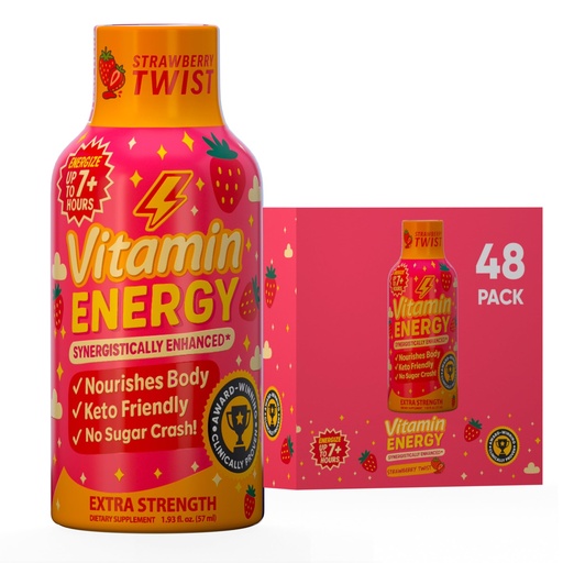 [BRSREAAHBV5BSC37] Vitamin Energy Immune+ Extra Strength Energy Shot Strawberry Twist 48 Pack, 260mg Natural Caffeine, B-Vitamins, Citicoline, Green Tea, Immunity & Focus Support, Zero Sugar, Gluten-Free 1.93 fl oz