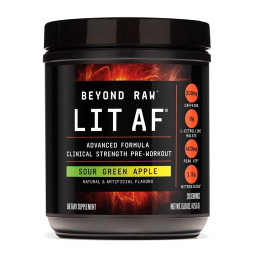 [BRSREBQLCQCRS2Y2] Beyond Raw LIT Advanced Pre Workout Formula, Sour Green Apple, for Energy, Focus, Endurance, Targeted Release Caffeine, Creatine, Betaine, Beta Alanine, Taurine, 20 Servings