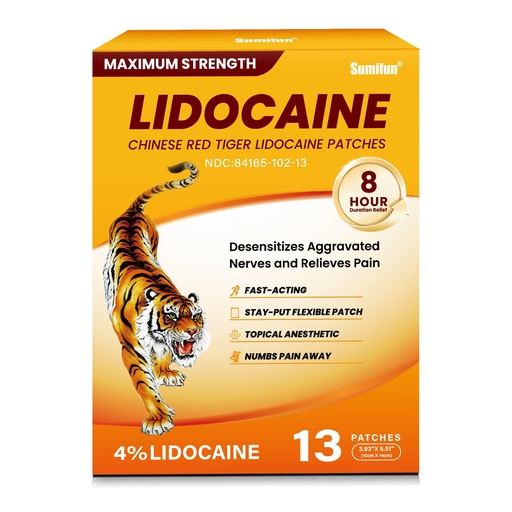 [BRSREZQRAQBAKGTO] Sumifun 4% Lidocaine Pain Relief Patches,13 Count-Chinese Red Tiger Lidocaine Patches Maximum Strength Gel Patch for Muscule Sore Simple Backaches Joint Pain Topical Analgesic Odor Free