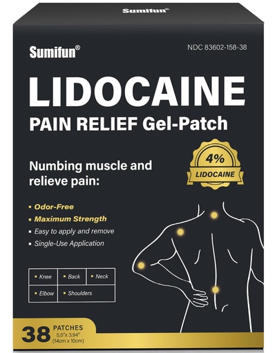 [BRSRAAYZDEBBQGYY] Sumifun 4% Lidocaine Pain Relief Patches - 38 Count Patches for Lower Back, Shoulder, Elbow, Knee, Muscle & Joint - Extra Strength Lidocaine