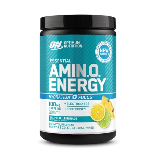 [BRSREGADOIIA43LX] Optimum Nutrition Amino Energy Powder Plus Focus, with BCAA, Electrolytes, and Caffeine, Tropical Lemonade, 30 Servings (Packaging May Vary)