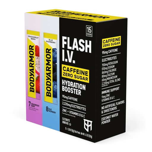 [BRSRGAD3BENGEC33] BODYARMOR Caffeinated Flash IV Electrolyte Packets, Blue Raspberry & Dragonfruit Berry Variety Pack, Zero Sugar Energy Drink Mix, Single Serve Packs, Hydration for Pre Workout (15 Count)