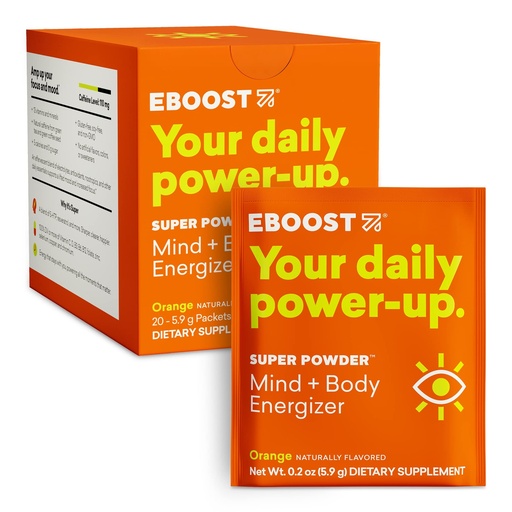 [BRSWGGDYPIBRMCLJ] EBOOST Super Powder Drink Mix - Orange 0.2 oz 20 Pack Hydration Energizer Electrolytes Powder - 13 Vitamins & Minerals - 110 mg Caffeine - 0 Added Sugar - No Artificial Flavors or Sweeteners
