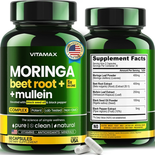 [BRSREFQNBV5BGDTZ] Moringa Capsules, Beet Root, Mullein Leaf - Energy, Skin, Immune Supplement Superfood, Rich in Antioxidants, Minerals & Essential Vitamins - High Absorption Non-GMO - Made in USA - 60ct