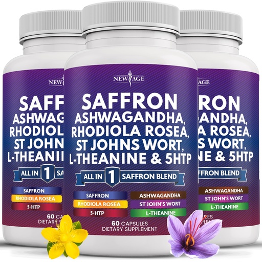 [BRSRABILDMOQYYDV] NEW AGE Saffron Supplements with Ashwagandha - Support with L-Theanine, Ginkgo Biloba, St. John's Wort, Rhodiola Rosea & 5-HTP - Saffron 180 Count