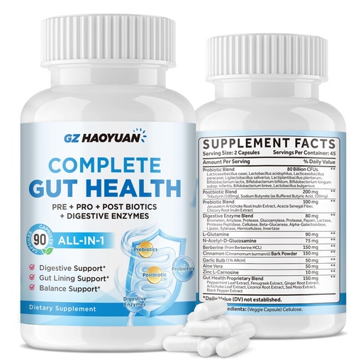 [BRSRGGAKCABBME34] All-in-1 Gut Health with Probiotics, Prebiotics, Postbiotics & Digestive Enzymes for Women & Men, Complete Gut Health & Digestive Support Supplement, Immune Health Support, 90 Capsules