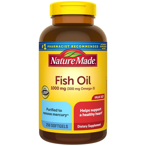 [BRSWIZT7DMFGC2YV] Nature Made Fish Oil Omega 3 Supplements, 1000mg Softgels, Omega 3 Fish Oil for Healthy Heart Support, 250 Softgels, 125 Day Supply
