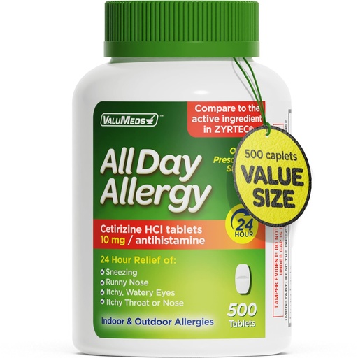 [BRSREYY7PIDWGA3Z] ValuMeds 24-Hour Allergy Medicine Antihistamine for Pollen, Hay Fever, Dry, Itchy Eyes, Allergies | Cetirizine HCl 10mg Caplets, Compare to Leading Brand (500 Count)