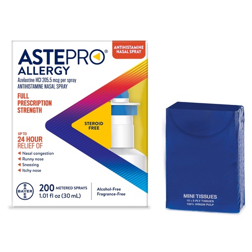 [BRSRABATCB4G23T3] Astepro Nasal Spray and Tissue Bundle, 24-Hour Allergy Relief, Steroid-Free Azelastine HCI, Nasal Congestion, Runny & Itchy Nose, 200 Metered Sprays (Packaging May Vary)