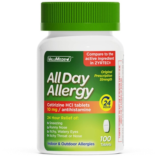 [BRSREFD4A4NQOHI2] ValuMeds 24-Hour Allergy Medicine Antihistamine for Pollen, Hay Fever, Dry, Itchy Eyes, Allergies | Cetirizine HCl 10mg Caplets, Compare to Leading Brand (100 Count)